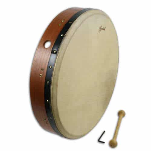 A Rosewood Tunable 18 inch Bodhran with a sheesham handle and a wooden stick.