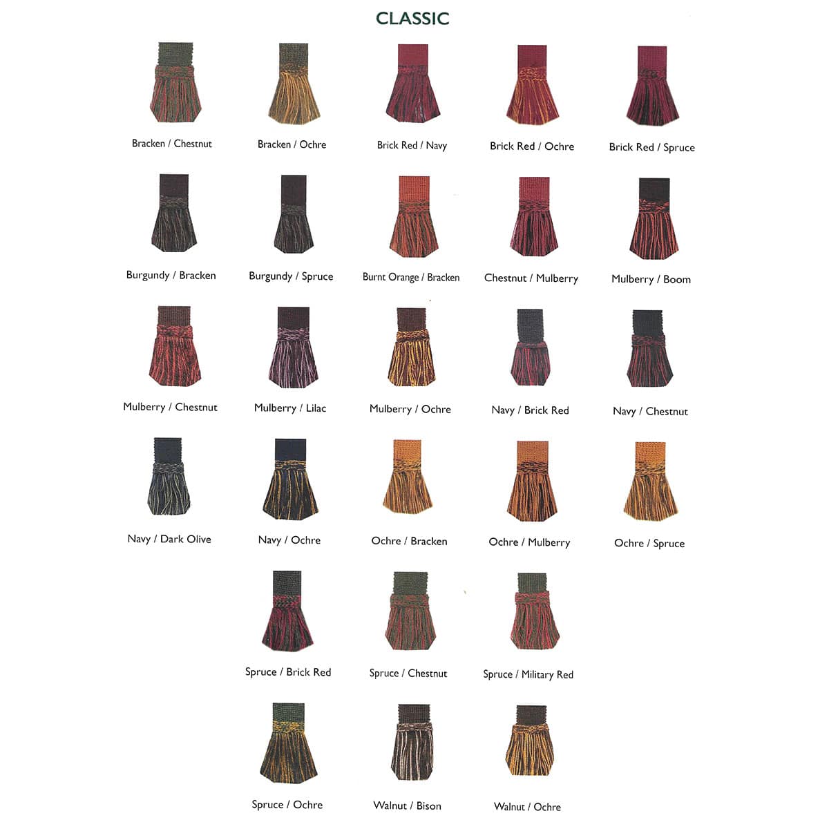 A color chart labeled "Classic" displays 26 swatches with different color combinations and names such as Bracken/Chestnut, Navy/Dark Olive, and Spruce/Brick Red—perfect for those seeking Traditional Multi-Color Self Tie Flashes.