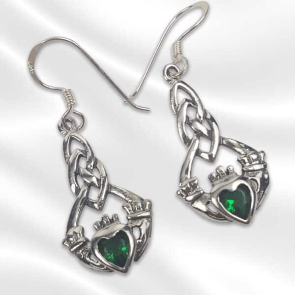 Claddagh Earrings with Green Stone showcasing intricate Celtic knot designs and elegant small green heart-shaped stones.