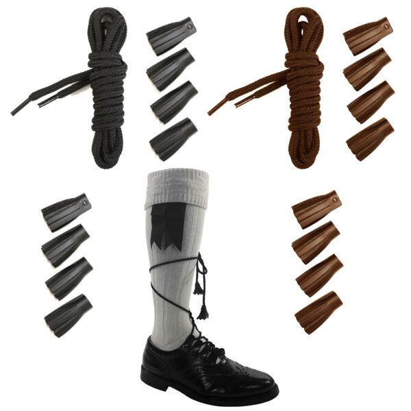 A black dress shoe with black laces wrapped around a white sock, surrounded by Premium Ghillie Brogue Laces and Tassels in various shades of black and brown.