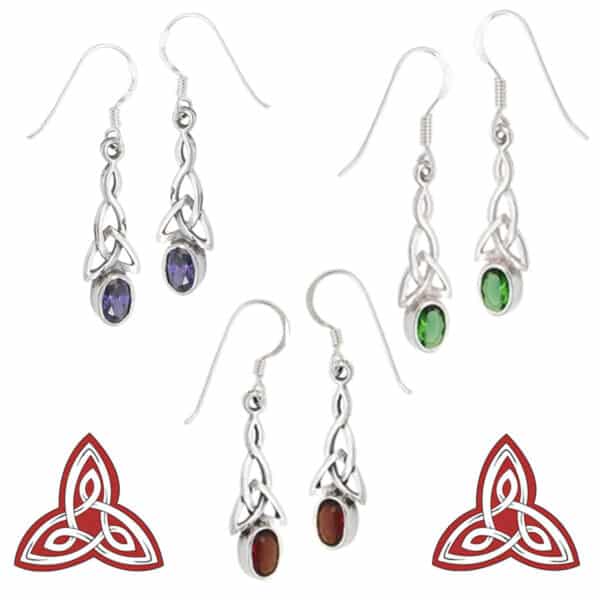 Image of the Garnet Triquetra Earrings, showcasing three pairs of dangle earrings with intricate Celtic knot designs. Each pair features a distinct colored gem: purple, green, and red garnet. Red Celtic knot symbols are also displayed at the bottom corners.