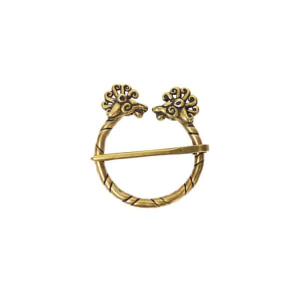 The Lion Penannular Brooch is a brass brooch with a twisted ring design, showcasing ornate lion head decorations at the ends and a central pin.