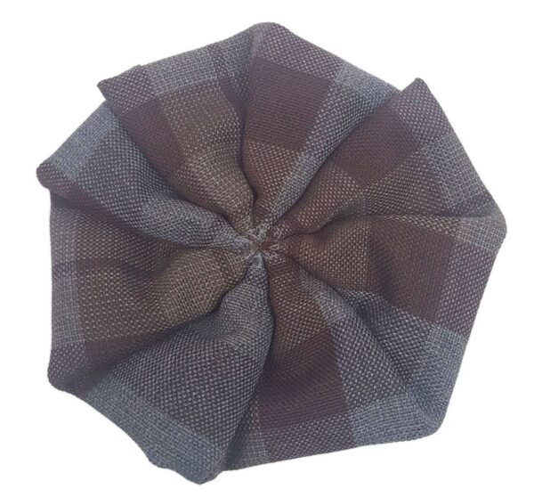 An image of a brown and grey plaid OUTLANDER Tartan Rosettes - Premium Wool hat with a Rosette detail.