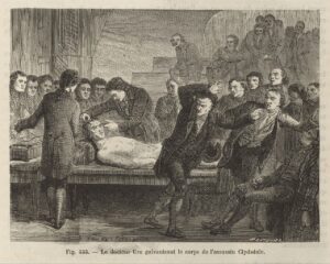 A black and white illustration of a group of men in a room in Scotland.