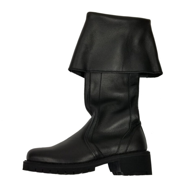 A pair of Black Scottish Pirate Boots, featuring a black leather design with a folded-over top and chunky heel, is photographed against a white background.