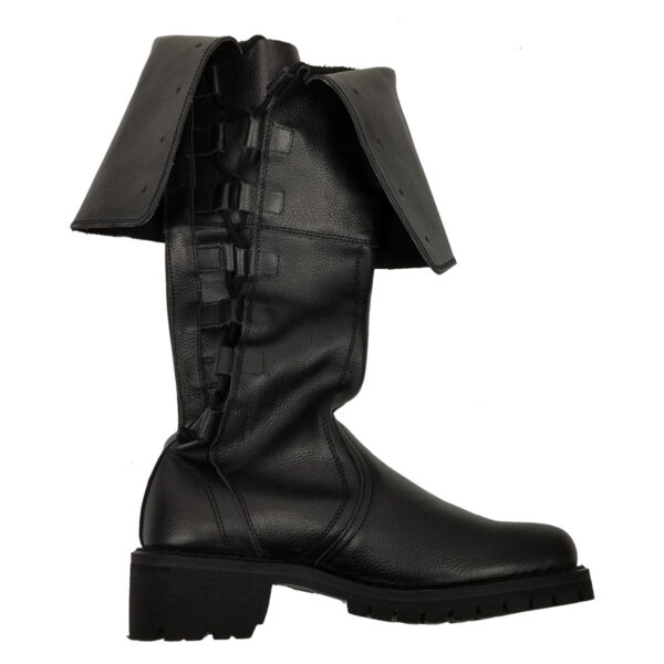A black leather knee-high boot with an overlapping flap design and side lacing detail, reminiscent of **Black Scottish Pirate Boots**. The boot features a sturdy, chunky heel and sole.