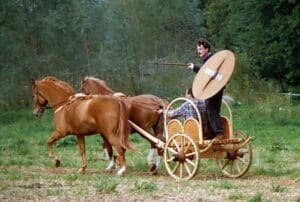 A Celtic horse-drawn chariot.