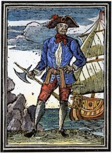 An engraving of a man in a pirate costume standing next to a ship, embodying the spirit of pirates.
