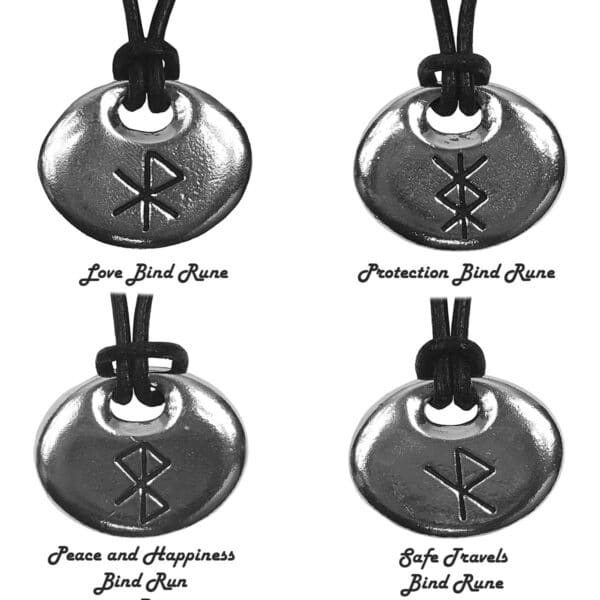 Image shows four pewter pendants on black cords, each inscribed with different bind runes: the "Love Bind Rune," the "Protection Bind Rune," the "Peace and Happiness Bind Rune," and the "Safe Travels Bind Rune." The intricate designs of these talismans make them perfect for any occasion.