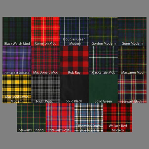 A collection of various AcryliKilt for Teens tartan patterns with their names labeled.