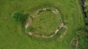 An aerial view of a circular mound in a field surrounded by trees.