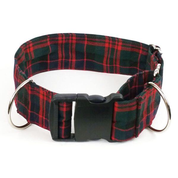 A red and green Homespun 1-Inch Tartan dog collar with a black buckle.