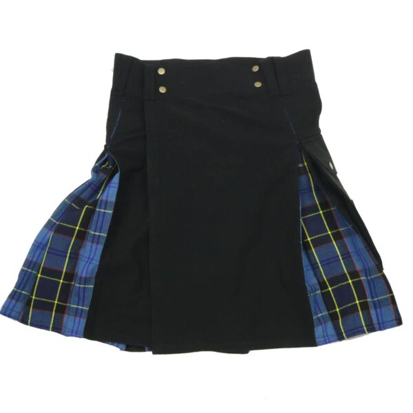 A Hybrid Canvas and Tartan Utility Kilt - Bundle made of a quality canvas homespun wool blend fabric, featuring a black color with blue and yellow plaid design.