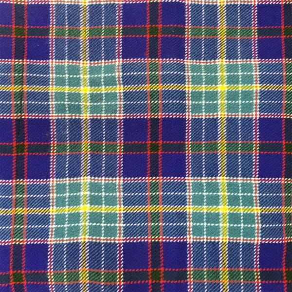 A close-up of a multicolored tartan fabric pattern featuring blue, green, yellow, red, and white intersecting lines, reminiscent of the LGBT+ Pride Tartan Quality Wool Blend Kilt - 42W 23L design.