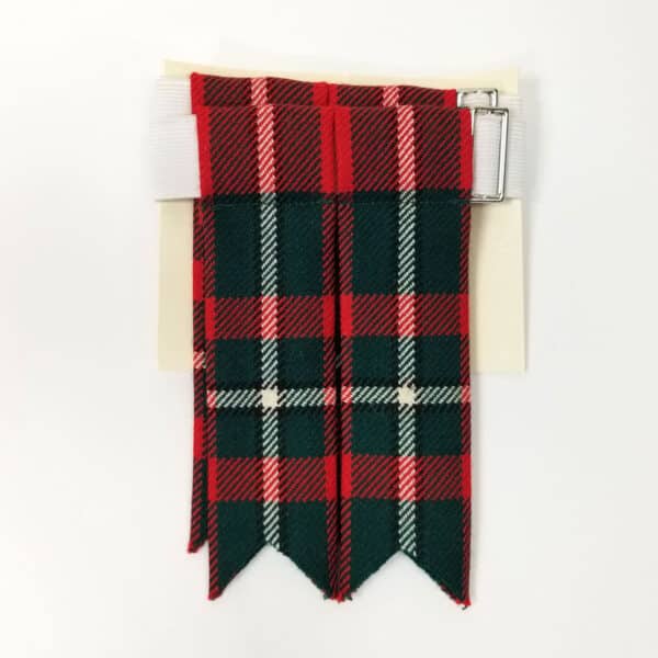 A red, green, and white plaid fabric with ribbon ends, attached to a white band and buckle. This Hay Modern Light Weight Premium Wool Tartan Flashes adds a touch of elegance.