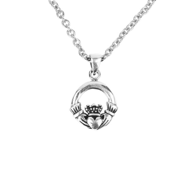A small Claddagh sterling silver necklace with a heart on it.
