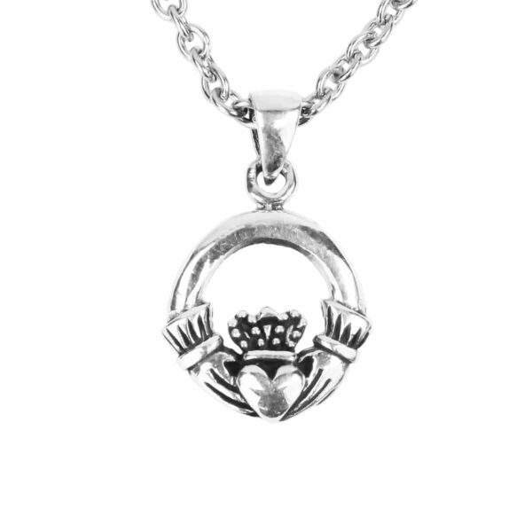 A Small Claddagh Sterling Silver Necklace with a heart on it.
