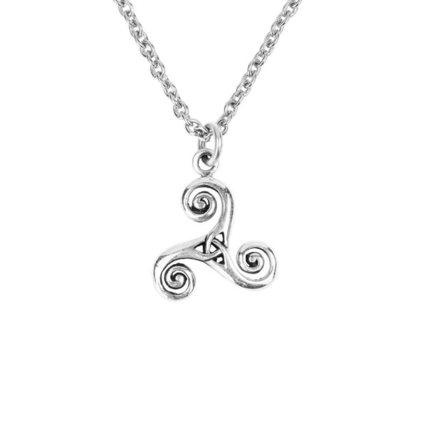 A Triskelion Triquetra Sterling Silver Necklace with a spiral Triskelion design.