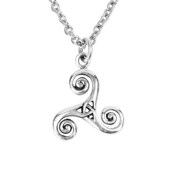A Triskelion Triquetra sterling silver necklace with a celtic spiral design.
