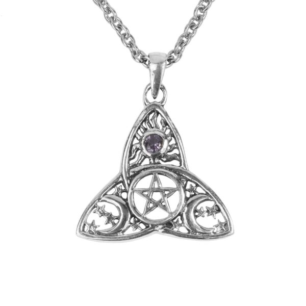 A Sun and Moon Pentagram Triquetra Sterling Silver Necklace with a purple stone, featuring the Triquetra symbol.