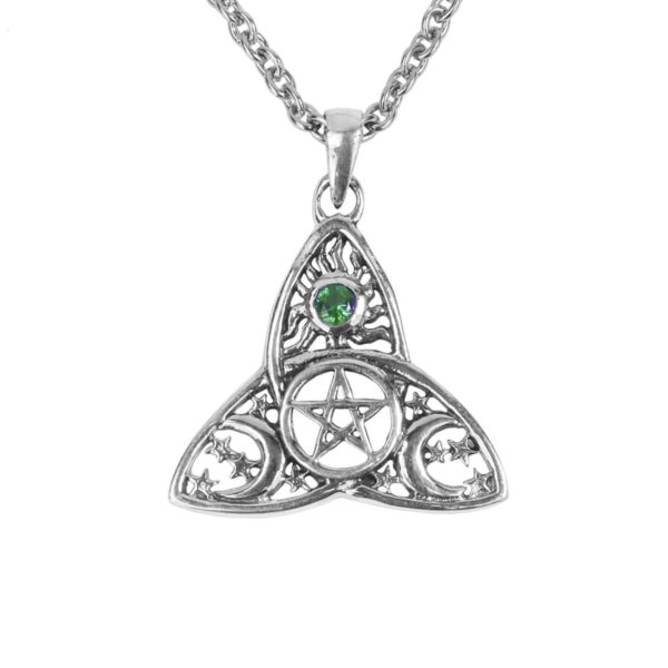 A Sun and Moon Pentagram Triquetra Sterling Silver Necklace with an emerald stone.