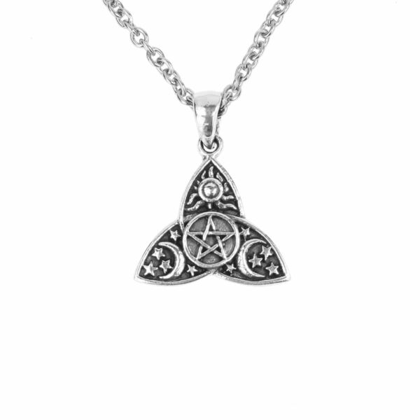 A Sun and Moon Pentagram Triquetra Sterling Silver Necklace pendant.