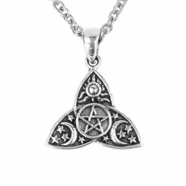 A Sun and Moon Pentagram Triquetra pendant on a Sterling Silver necklace.