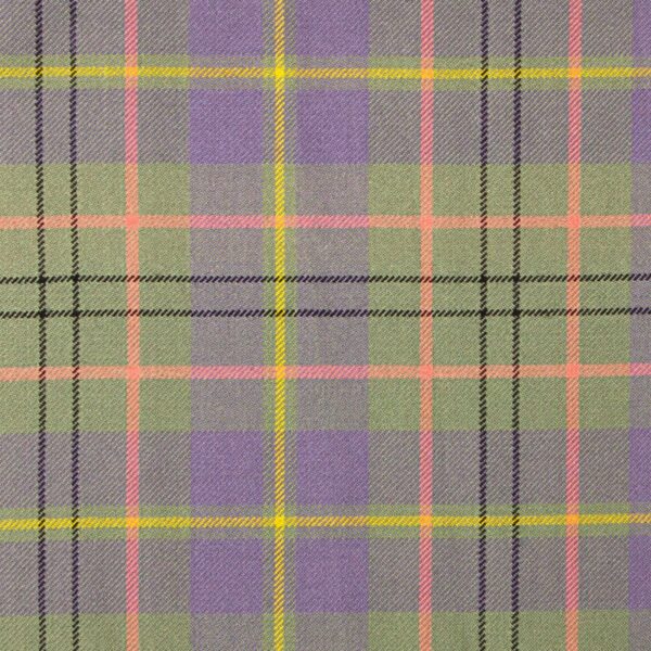 A close up of a Taylor Ancient Light Weight 11oz Premium Wool Ancient Kilt - 42W 24L in purple, pink and yellow, showcasing its vibrant colors.