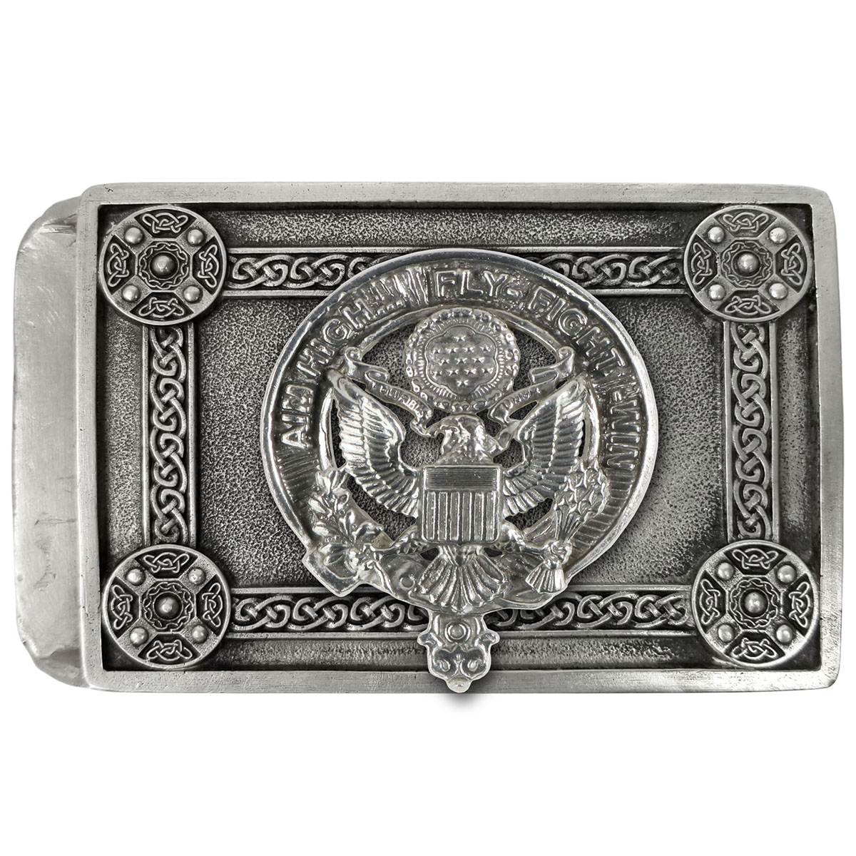 Rectangular metal belt buckle featuring a prominent eagle emblem in the center with intricate designs and four circular ornate accents in the corners, reminiscent of a U.S. Army Pewter Kilt Belt Buckle.