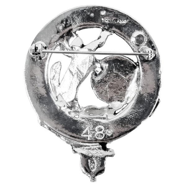 An elegant Art Pewter Clan Crest Cap Badge/Brooch-Discontinued 6/23 depicting a man and woman, perfect for those in search of a refined accessory.