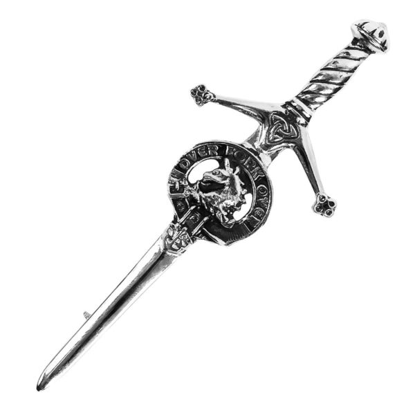 An Art Pewter Clan Crest Kilt Pin-Discontinued 6/23 featuring a skull and crossbones design on a sword.