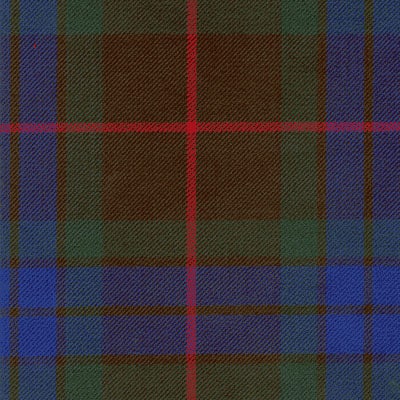 The Fraser Hunting PV Tartan REMNANTS feature a Fraser Hunting Modern PV tartan pattern with blue squares, intersecting green lines, and red accents on a brown background.