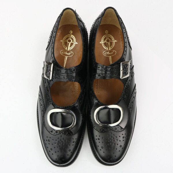 A pair of black Leather Buckle Brogues - Size 11, commonly known as piper ghillie brogues.