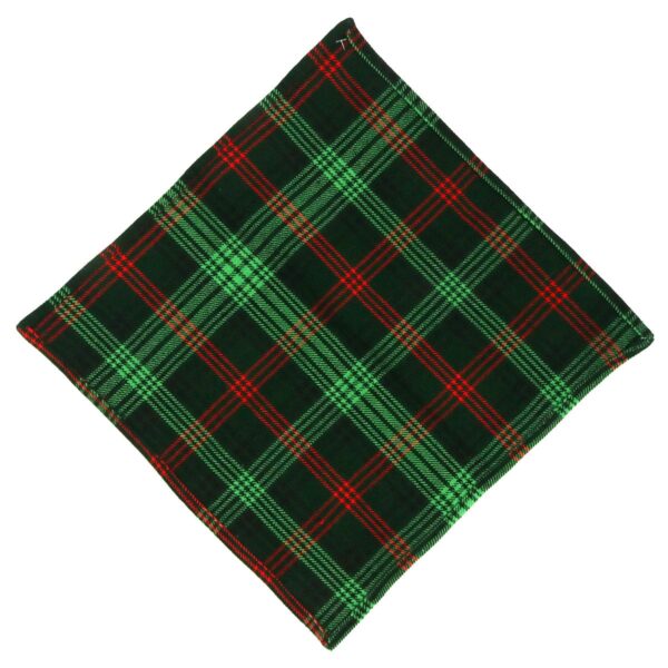 A Ross Hunting Modern Wool-Blend Tartan Pocket Square featuring a green and red plaid design, set against a pristine white background.