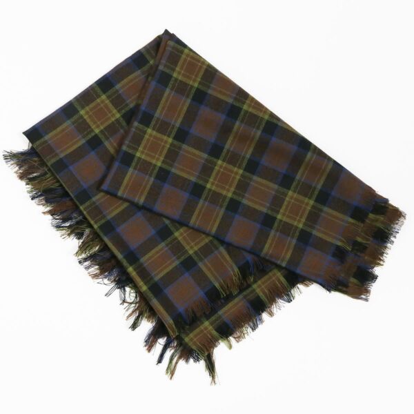 A Laois County - Spring Weight Wool Irish Tartan Stole with fringes on a white background.