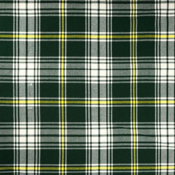 A close-up of a green, white, black, and yellow plaid fabric pattern reminiscent of the Black Watch (Campbell) Modern Homespun Wool Blend Kilt 36W 22L-sold 6/23.