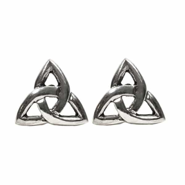 A pair of Triquetra Sterling Silver Stud Earrings isolated on a white background.