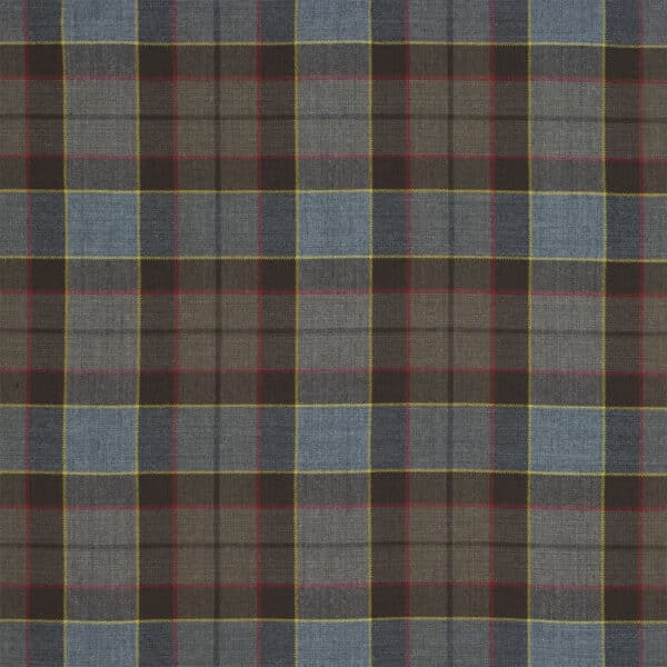 A fabric pattern featuring a plaid design with intersecting lines in blue, black, yellow, red, and brown, reminiscent of OUTLANDER Poly/Viscose Tartan Flashes.