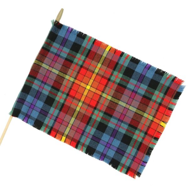 A vibrant LGBT Pride Tartan Small Flags - Homespun Wool Blend on a stick.