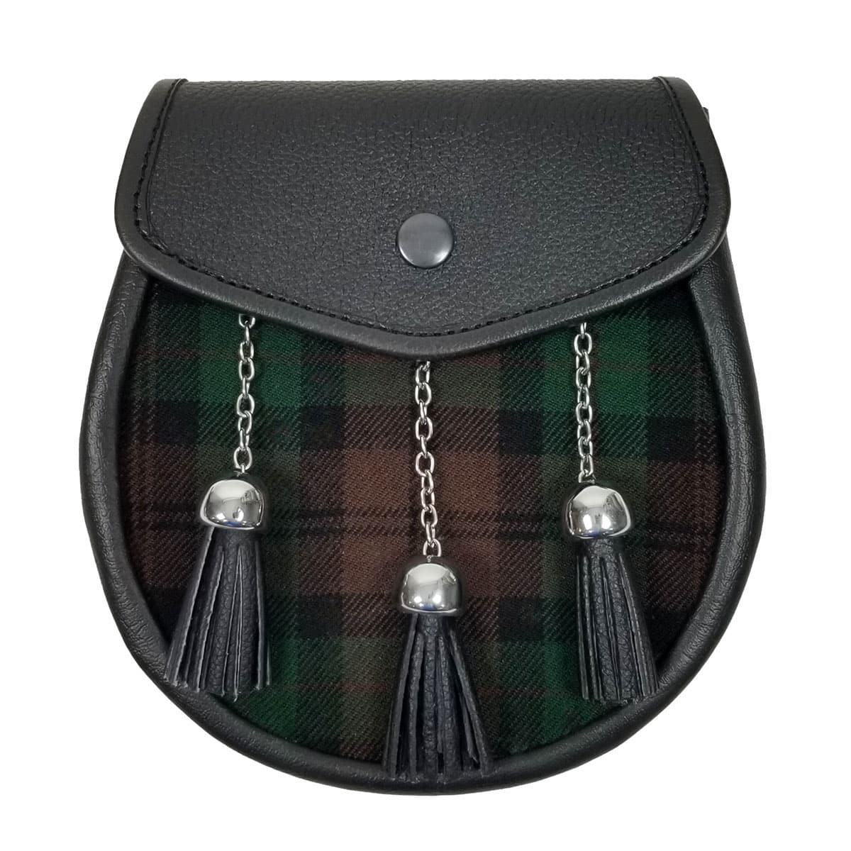 A Tartan and Leather Sporran with a black snap closure flap, featuring a green and brown tartan front panel, and three black tassels hanging from silver chains.