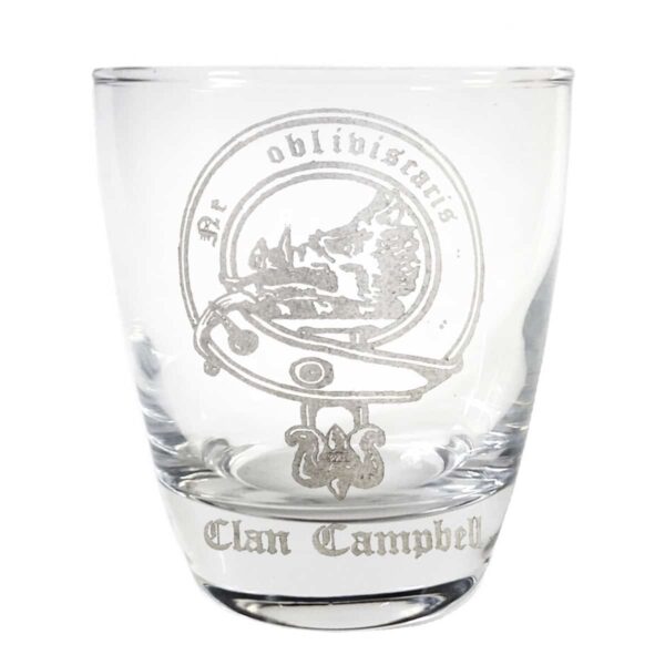 A Clan Crest 10 oz Lowball Rocks Whisky Glass with the Clan Campbell crest on it.