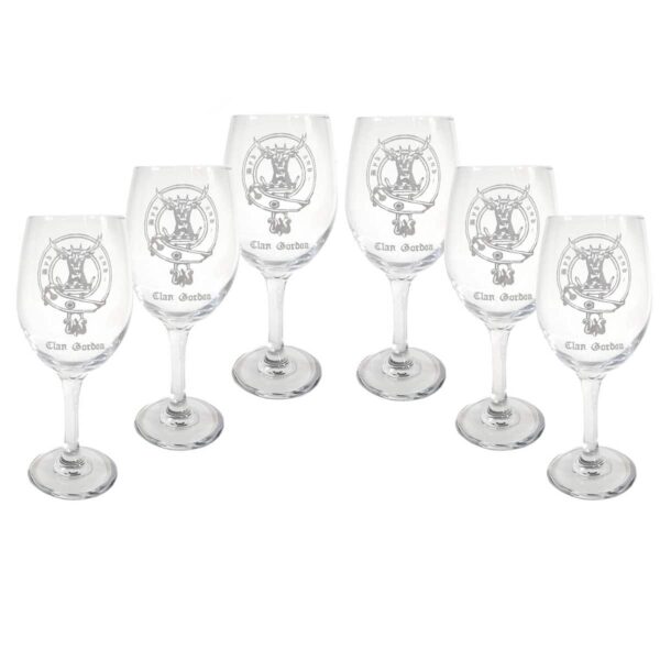 A set of six Clan Crest 18 oz Wine Glasses.