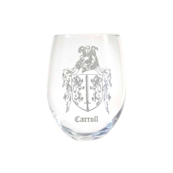 An Irish Coat of Arms Stemless Wine Glass with a family crest, also known as a coat of arms, etched on it.