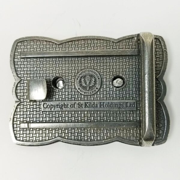 A Young Clan Crest Celtic Knot Scalloped Kilt belt buckle with a logo on it.