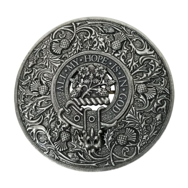 A Fraser Clan Crest Thistle Pewter Plaid Brooch with a Scottish clan crest on it.
