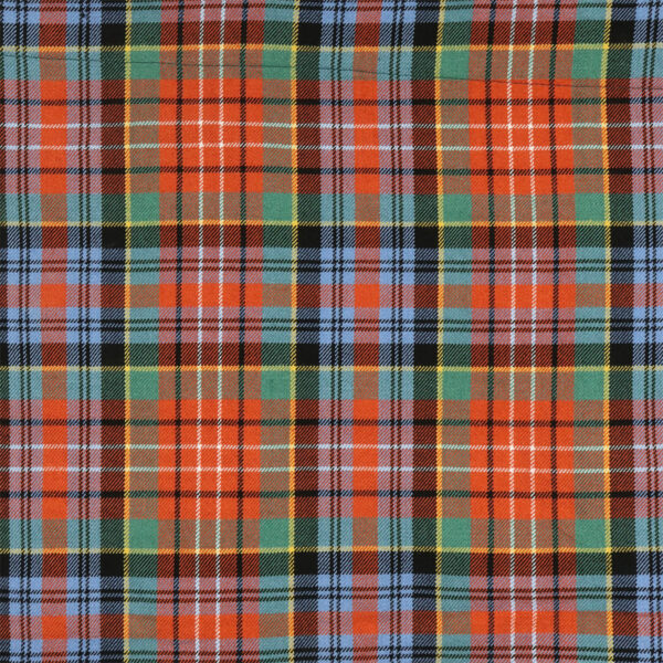 A Caledonia District Homespun Wool Blend Tartan REMNANTS fabric with an orange, blue, and green pattern.
