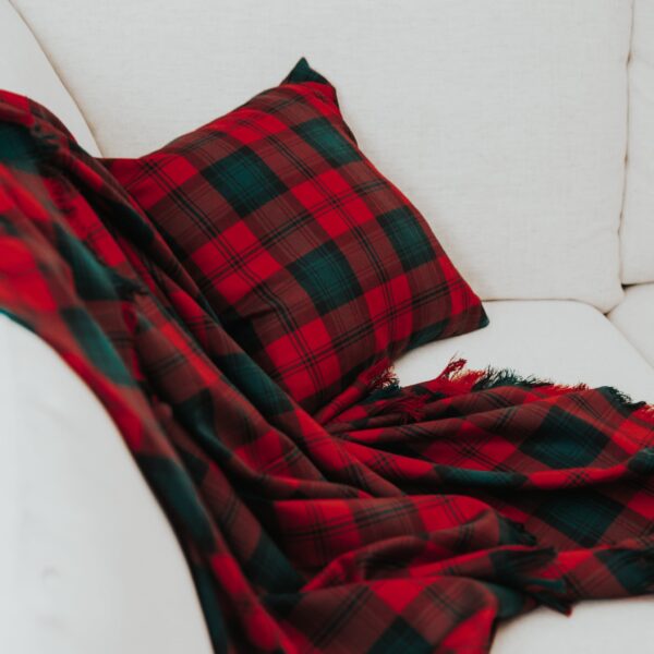 A Stewart Dress Homespun Tartan blanket/throw on a couch.