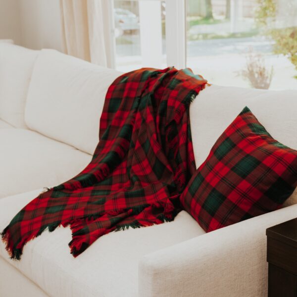 A Stewart Dress Homespun Tartan blanket on a couch in a living room.