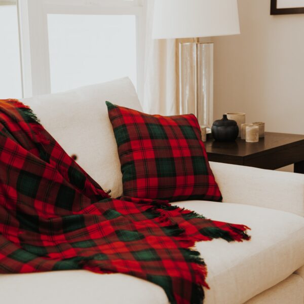 Stewart Dress Homespun Tartan Blanket/Throw - 2 Yards - A plaid throw on a couch in a living room.