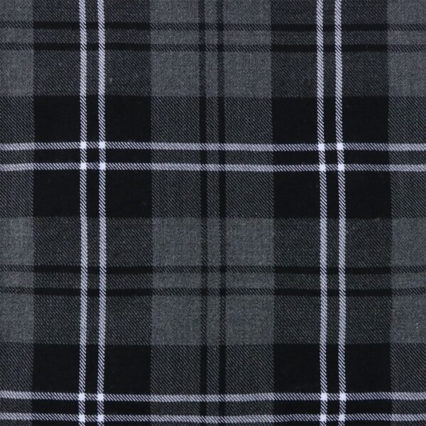 A close up of Hamilton Gray Homespun Wool Blend Tartan REMNANTS in a black and white plaid design.